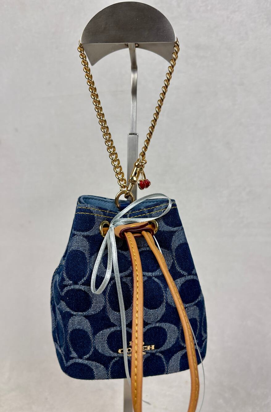 Coach Drawstring Wristlet/Mini Bucket Bag in Signature Denim with Coach Charm